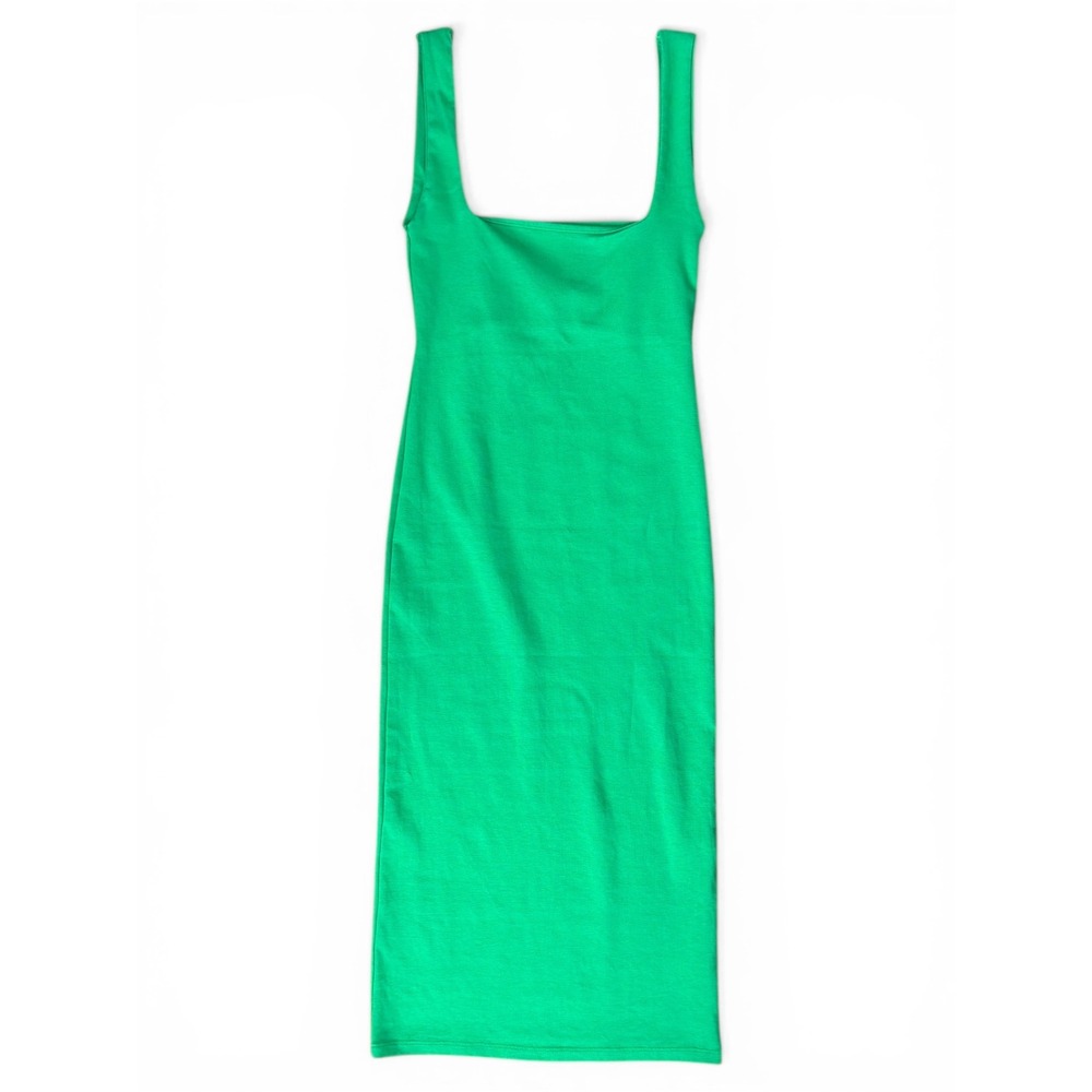 Zara Womens Green Ribbed Knit Square Neck Bodycon Midi Tank Dress Size‎ Medium